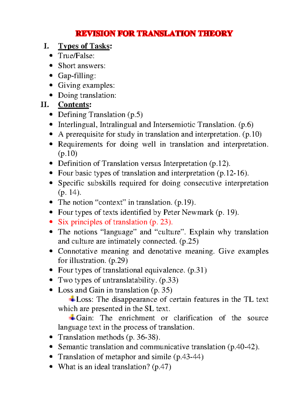 Revision FOR Translation Theory - I. Types of Tasks: - True/False ...