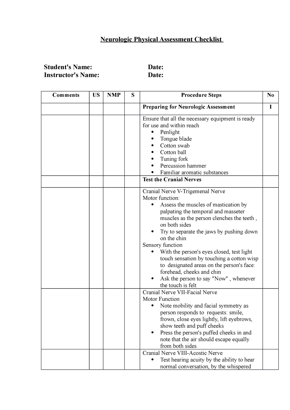 Neurologic Physical Assessment Checklist ONLY Copy - Neurologic ...