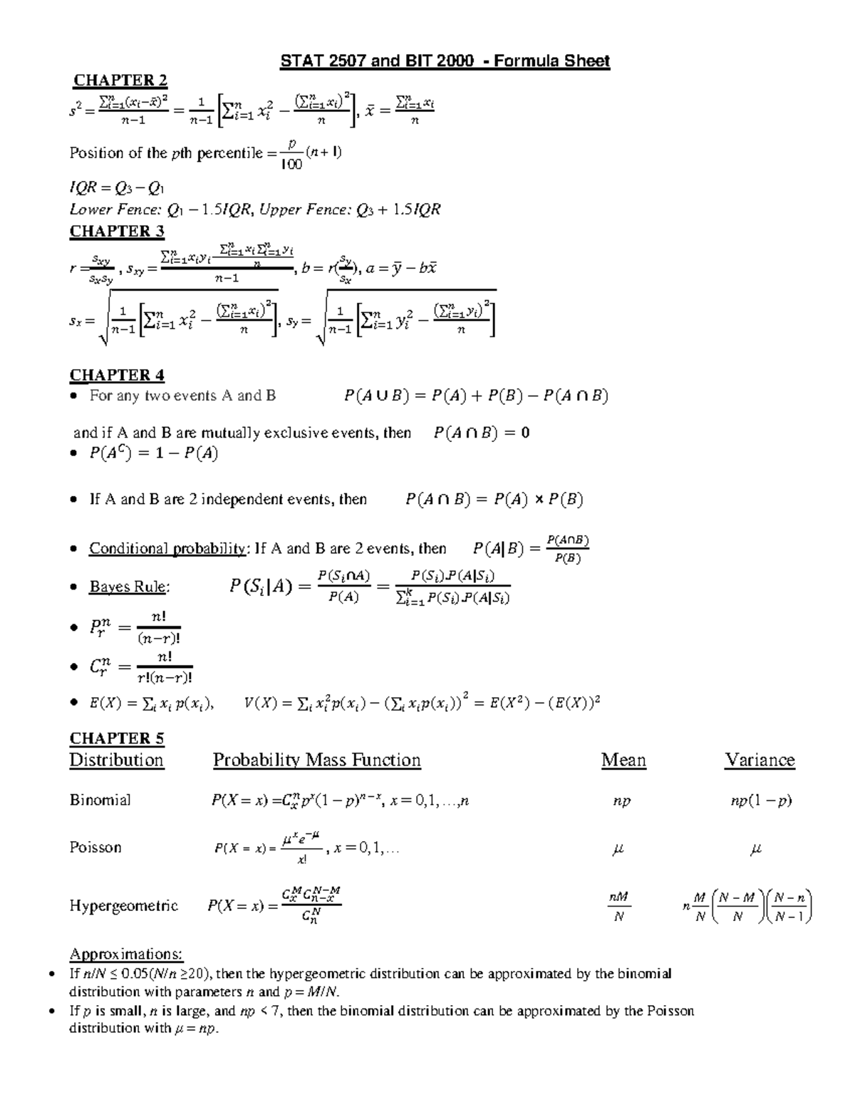 Class Formula Sheet - ................. - STAT 2507 and BIT 2000 ...