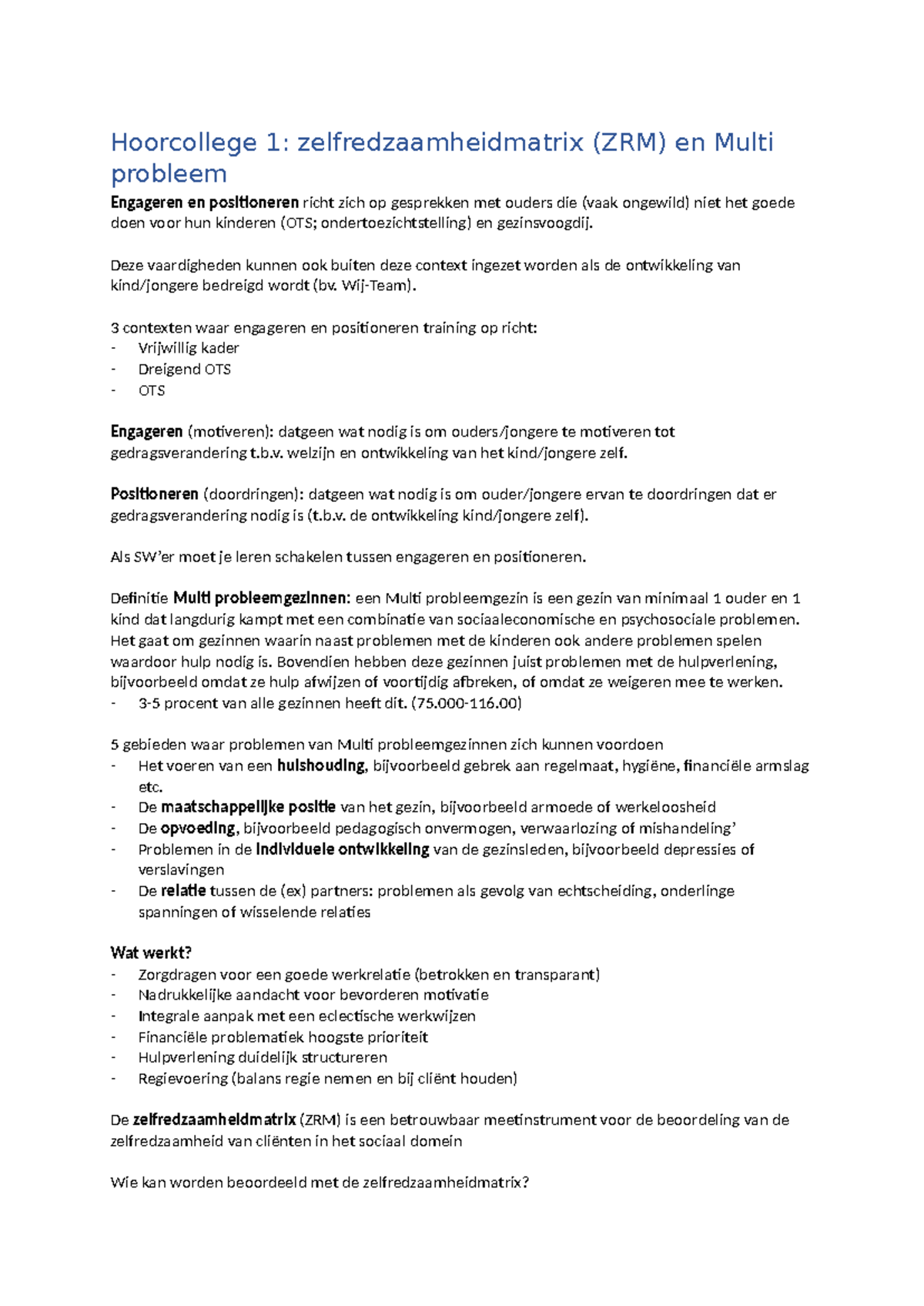 BB hoorcollege - Hoorcollege 1: zelfredzaamheidmatrix (ZRM) en Multi ...