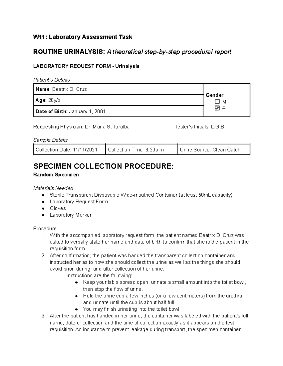 Urinalysis Procedure Act - W11: Laboratory Assessment Task Routine 