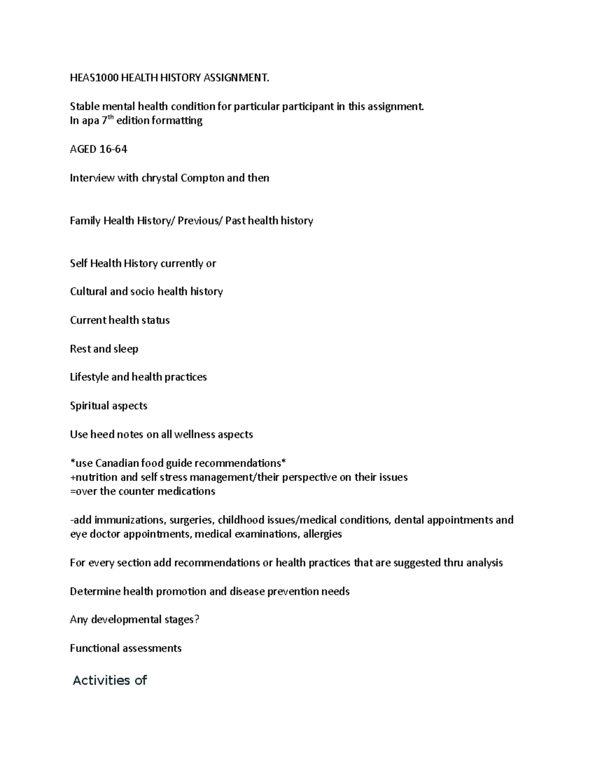 HEAS 1000 Health History Assignment - HEAS1000 HEALTH HISTORY ...