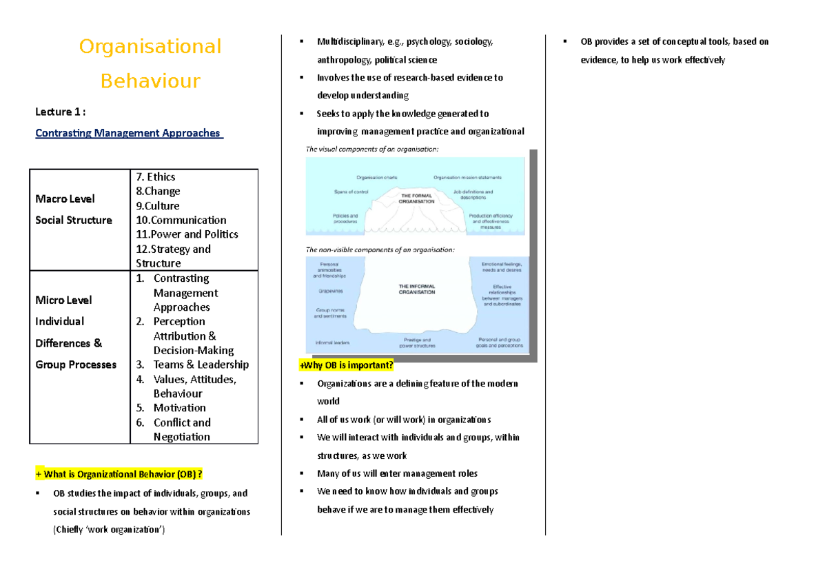 Organisational Behaviour Lec1 Note - Organisational Behaviour Lecture 1 ...