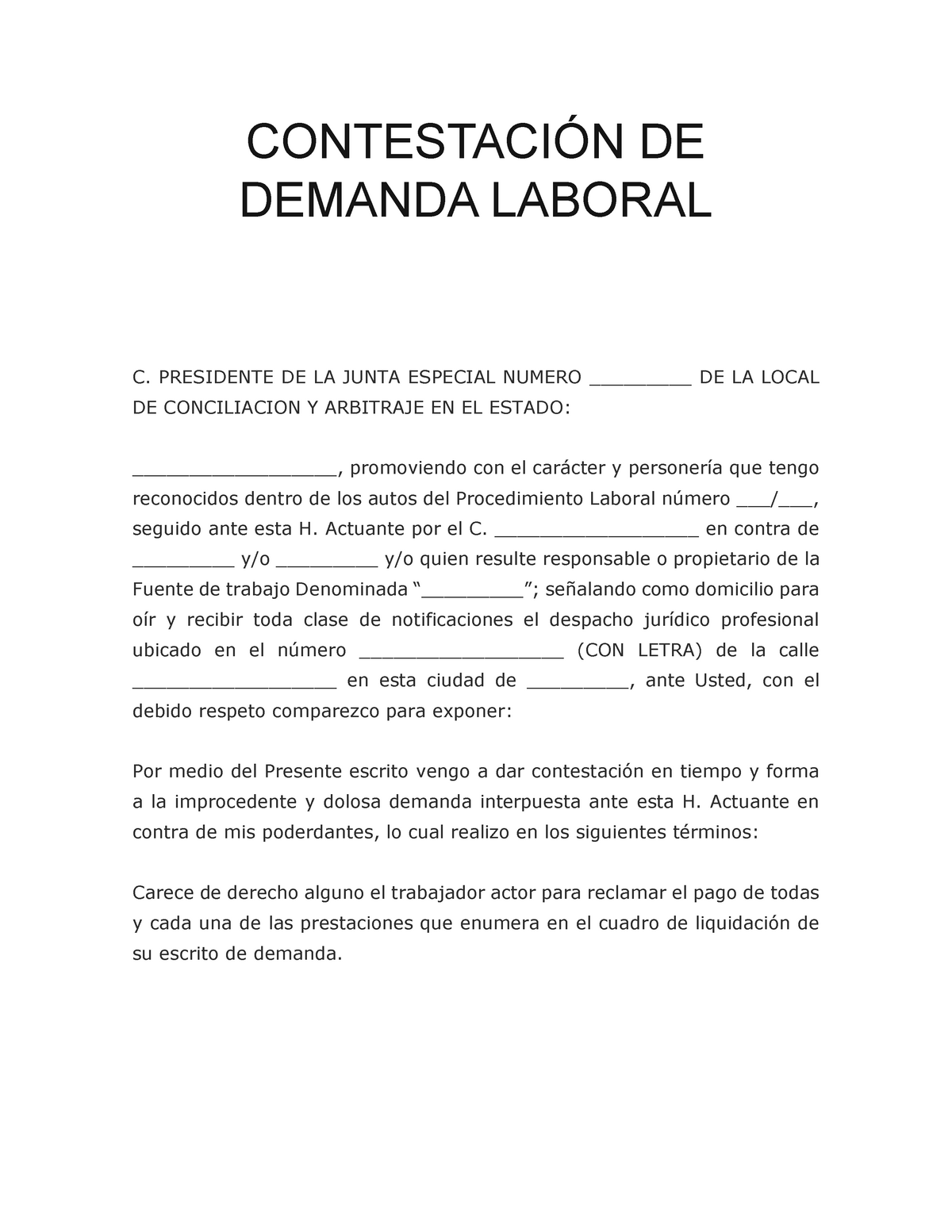 Contestación DE Demanda Laboral marcela - CONTESTACIÓN DE DEMANDA LABORAL  C. PRESIDENTE DE LA JUNTA - Studocu