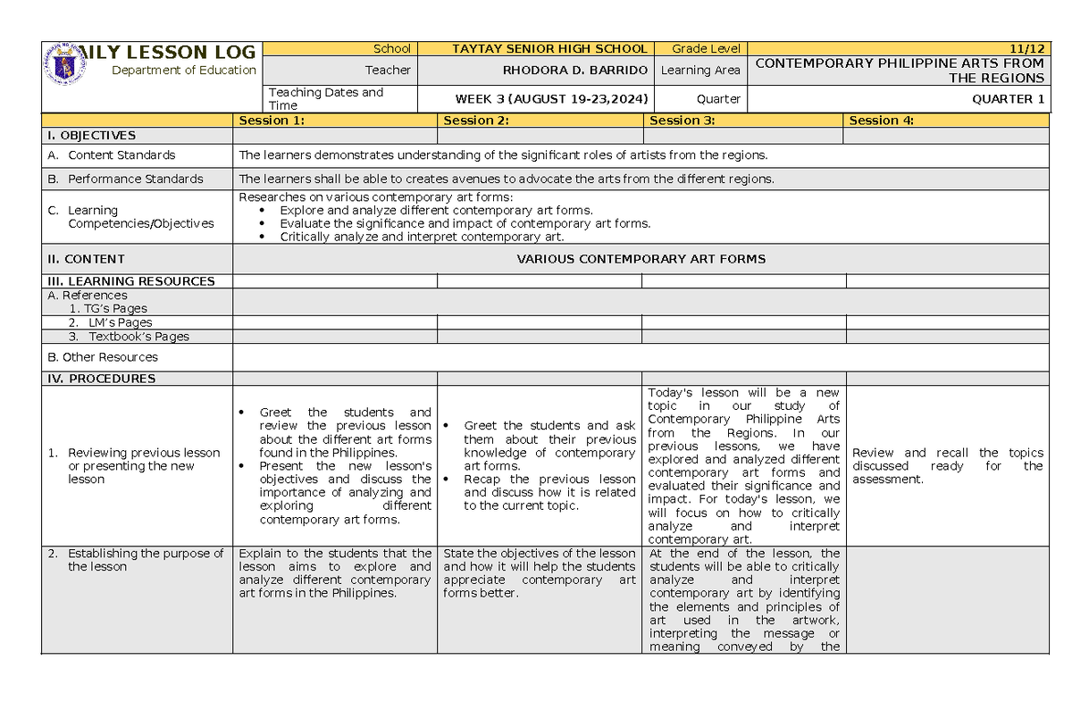 CPAR Q1 WEEK3 - week 3 - DAILY LESSON LOG Department of Education ...