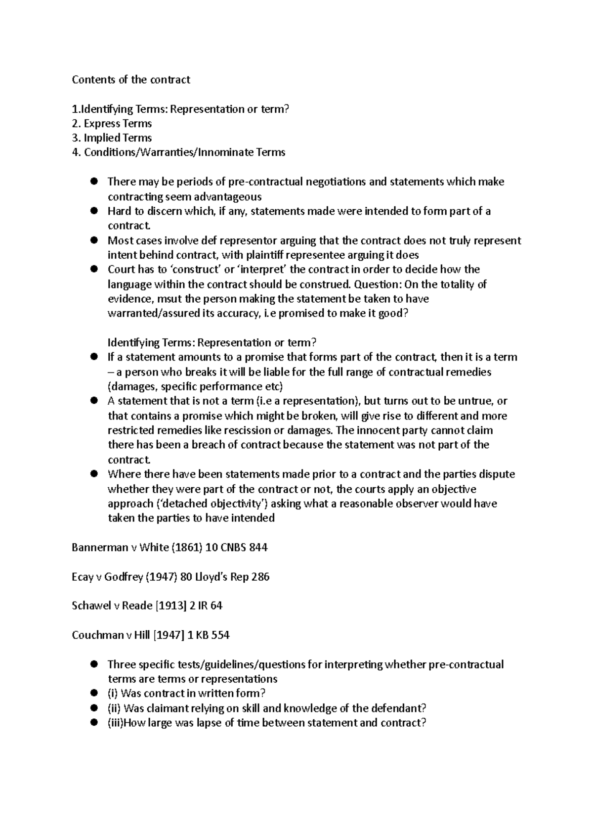 Contents of the contract Express Terms 3. Implied Terms 4. Conditions/Warranties/Innominate