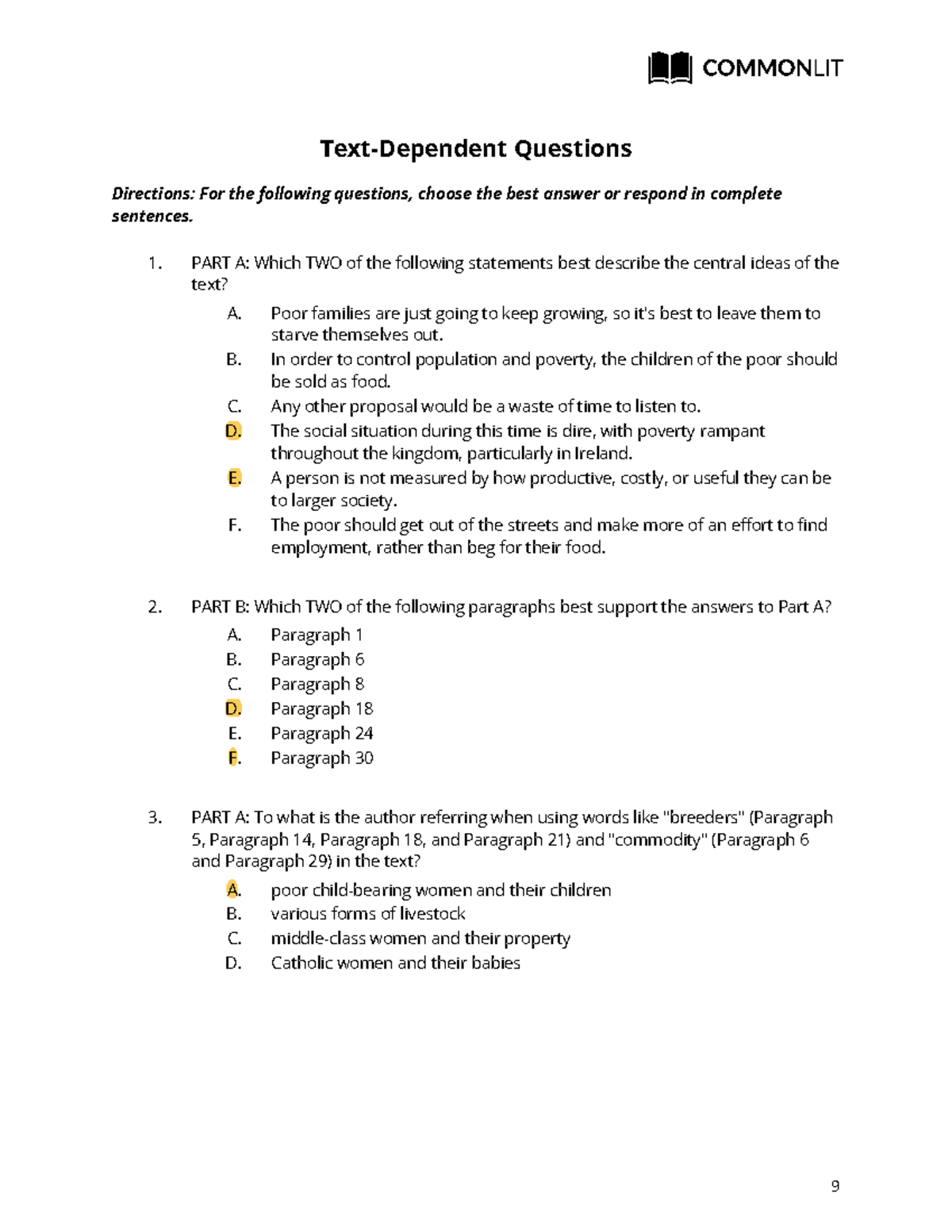A+Modest+Proposal+Questions TextDependent Questions Directions For