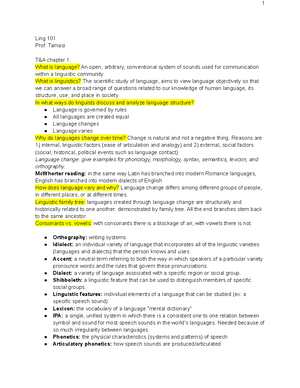 Linguistic 101 Study Sheet Midterm Guide - 1 Ling 101 Tamasi Midterm ...