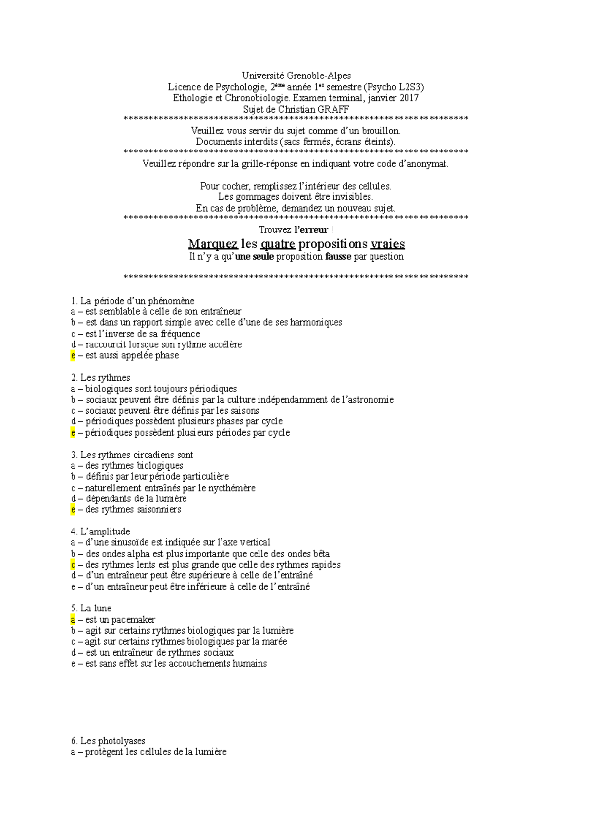 Examen Janvier 2017, Questions - Licence De Psychologie, 1er Semestre ...