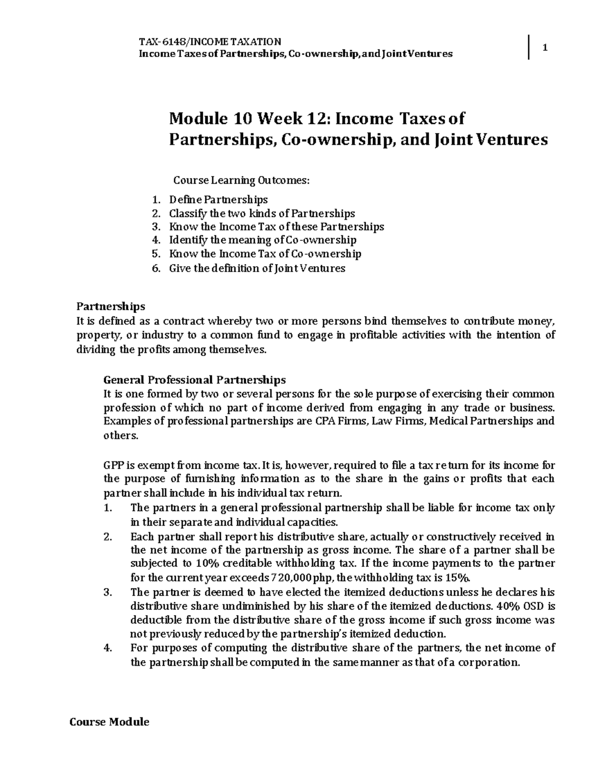 W12 Module 10 Taxes of Partnerships, Coownership, and Joint