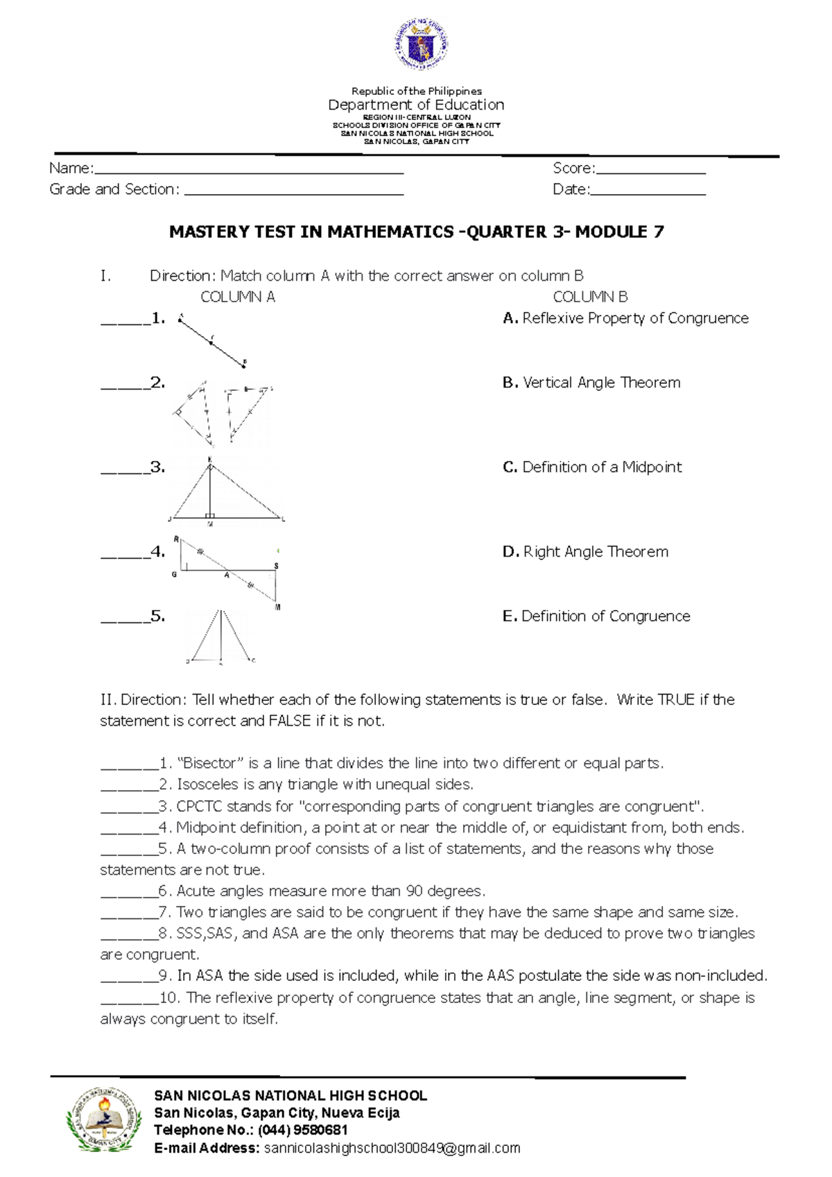 Student Learning Mastery Test 3rd QWeek 7 - Republic of the Philippines ...