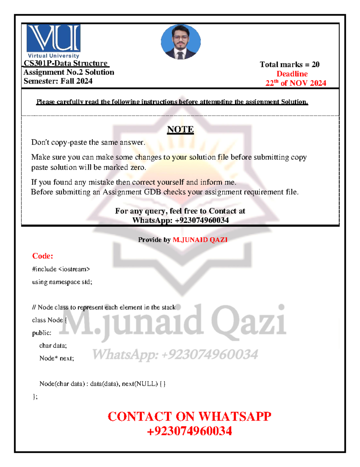 CS301PAssignment 2 Solution Fall 2024 By M.junaid Qazi CONTACT ON