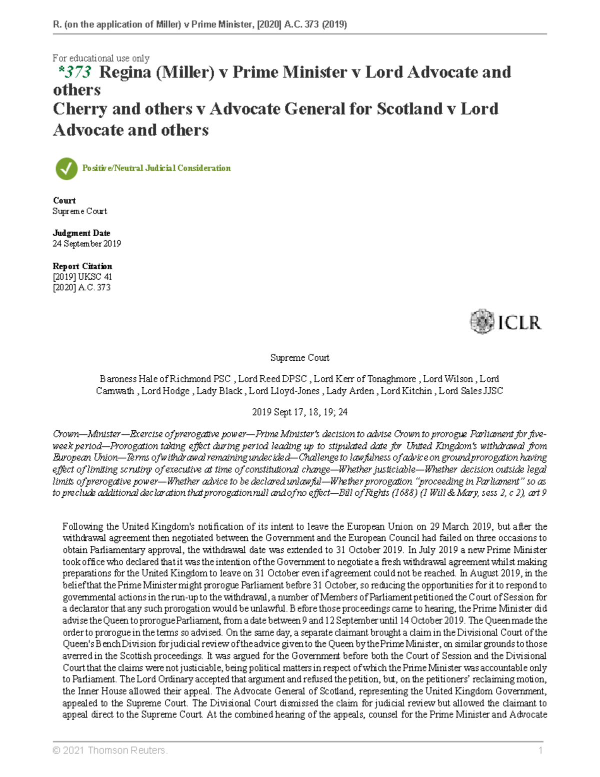 R (on the application of Miller) v Prime Minister M3006 Sussex