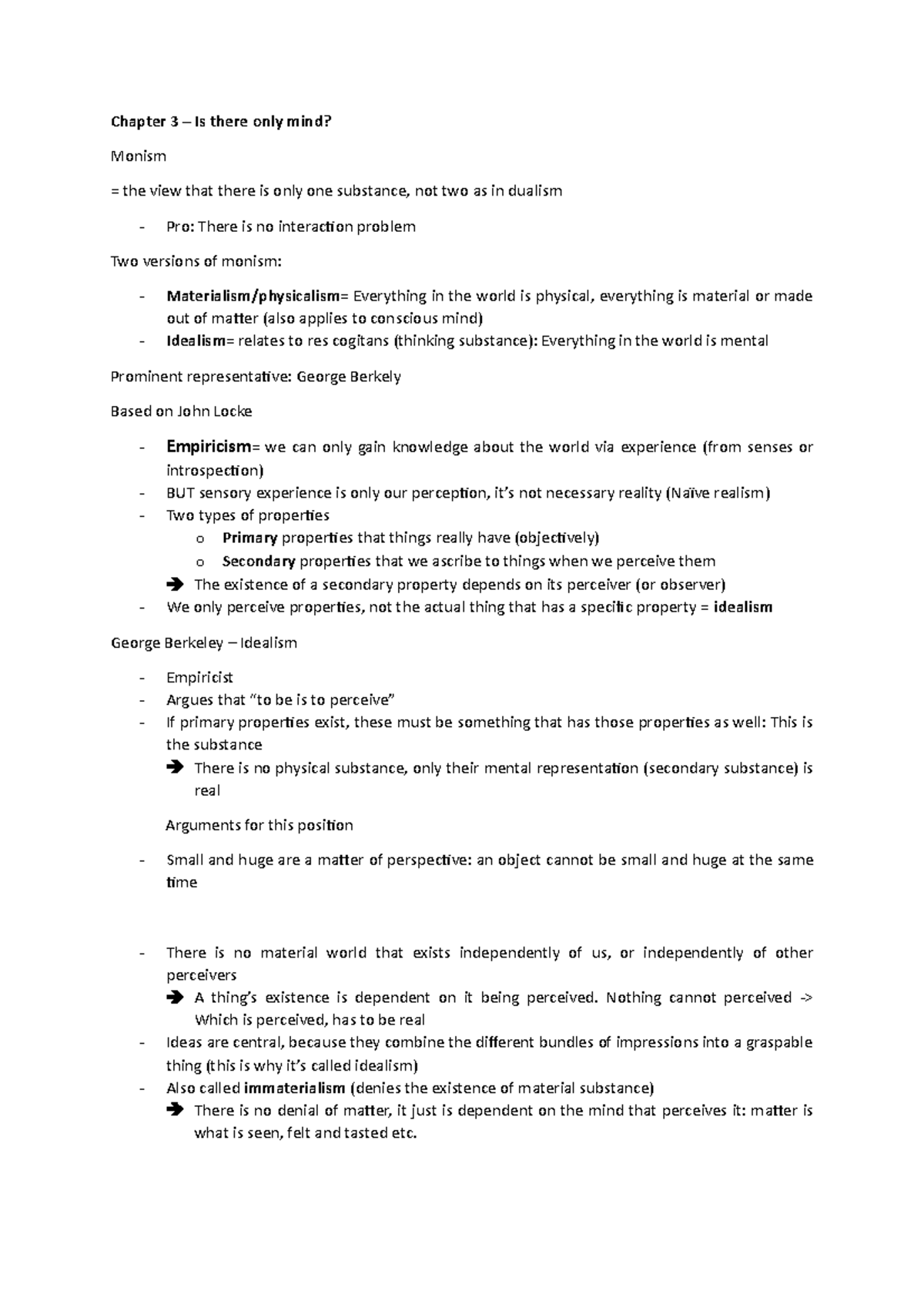 Chapter 3 - Chapter 3 – Is there only mind? Monism = the view that ...