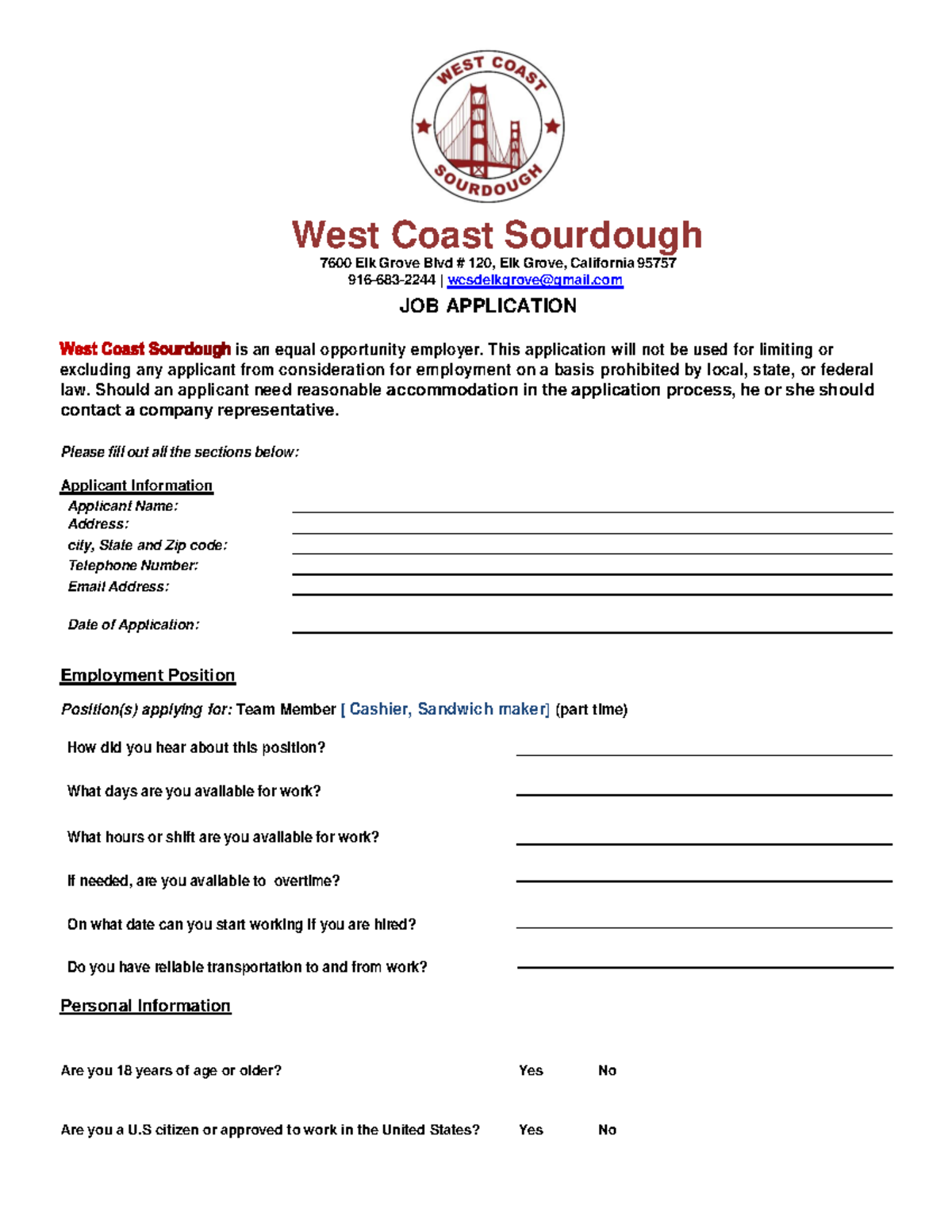 1 WCSD ELK Grove Job Application West Coast Sourdough 7600 Elk Grove