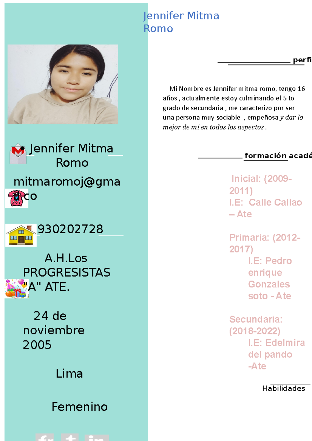 Jennifer mitma romo curriculo - perfil Mi Nombre es Jennifer mitma romo ...