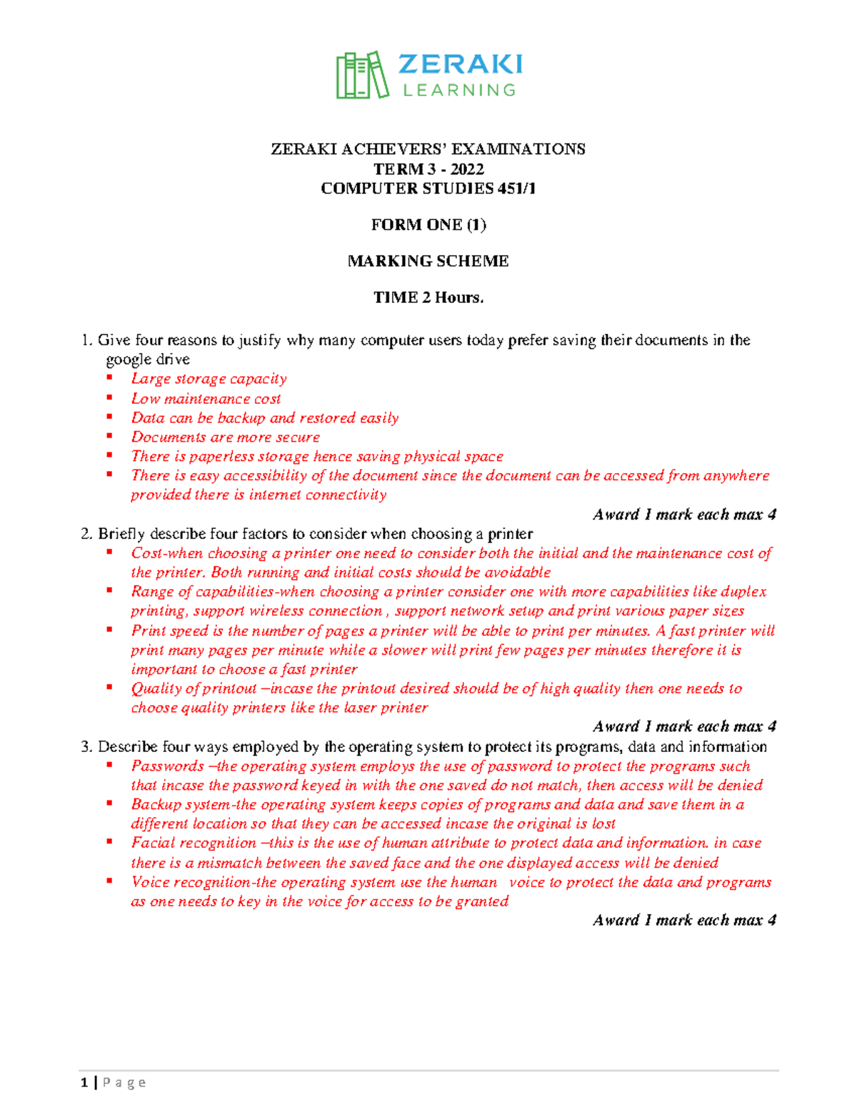 Computer Studies Form 1-Zeraki Achievers 5.0 - Marking scheme - ZERAKI ...