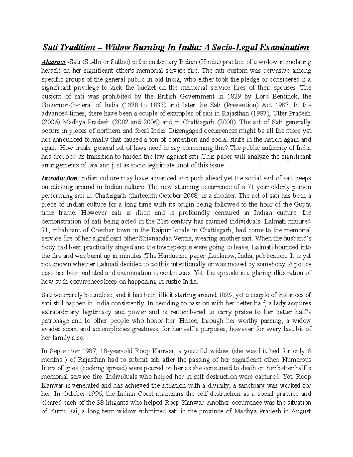 Sati Tradition Widow Burning In India A Socio Legal Examination - Sati ...