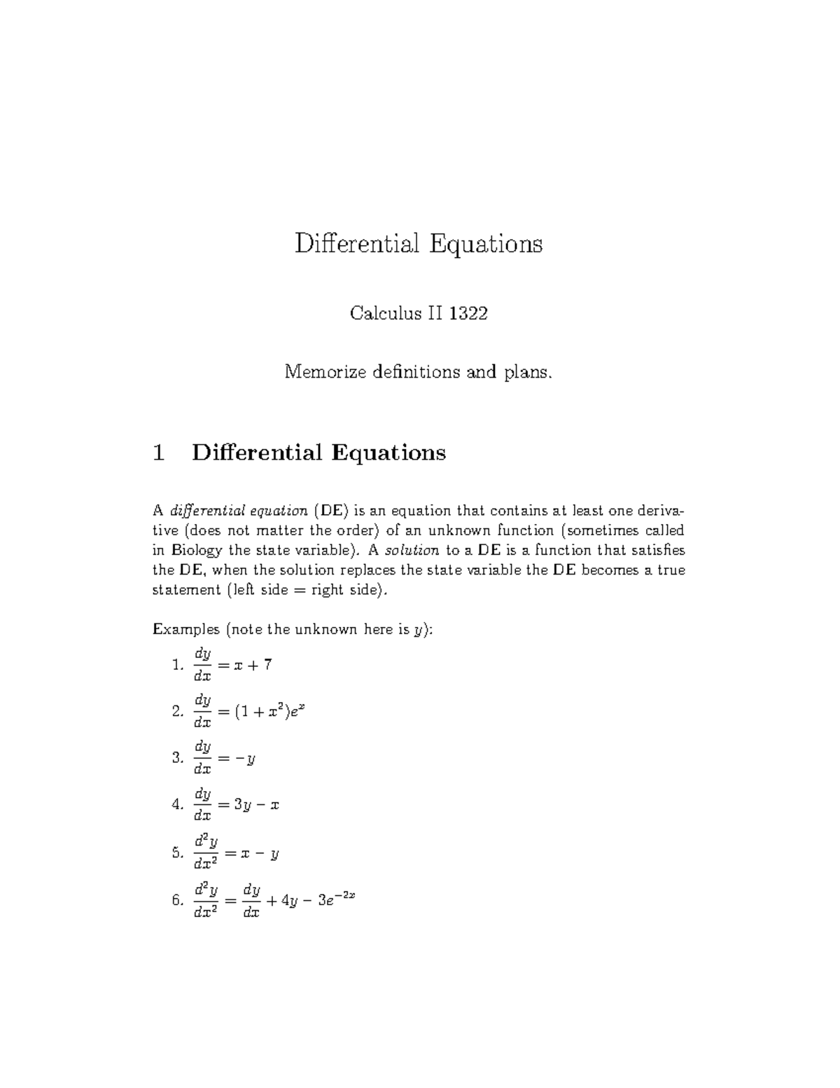 DE 1322 lecture notes Differential Equations Calculus II 1322