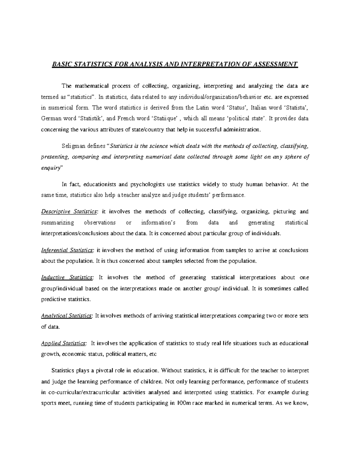 Statistics for Analysis and Interpretation of Assessment - UNIT 3 BASIC ...