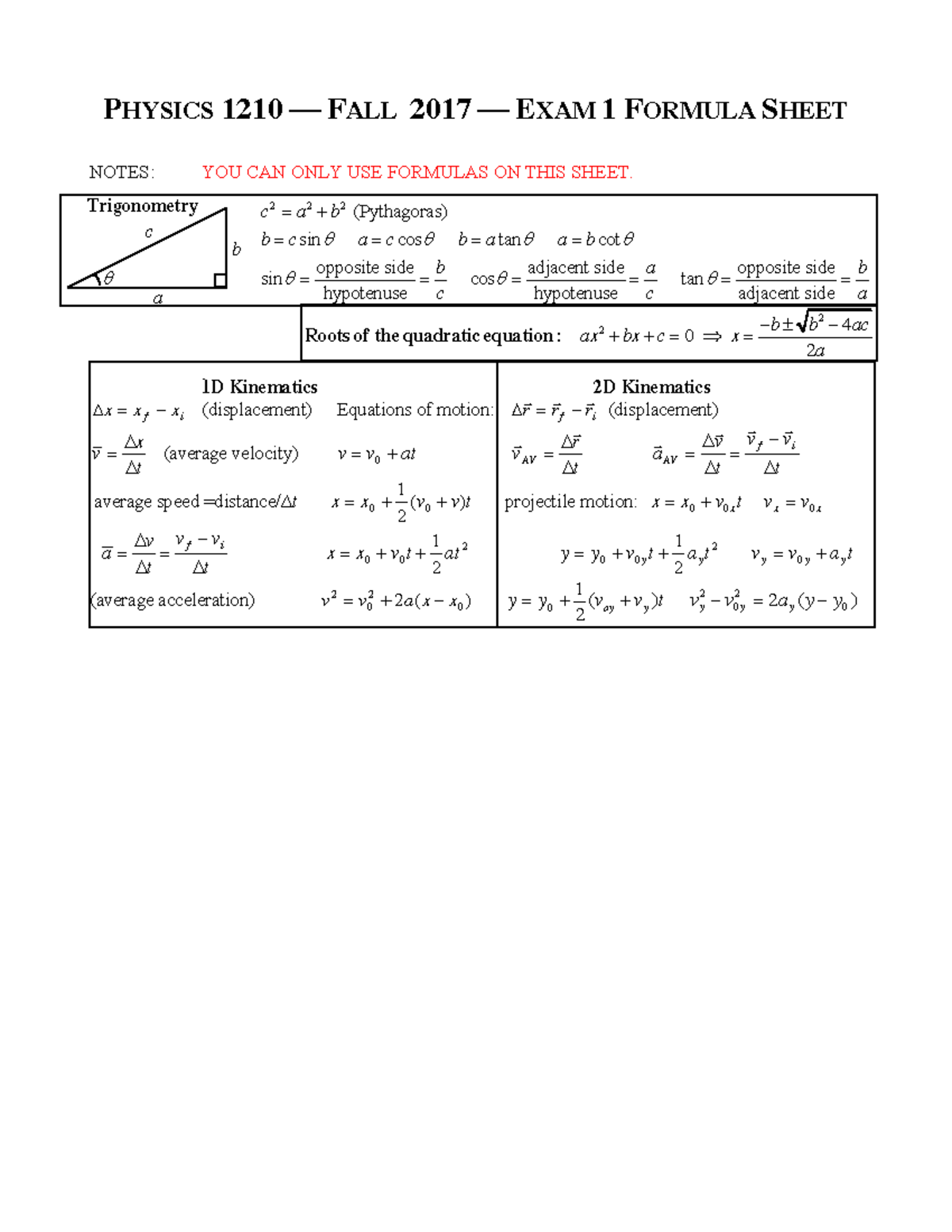 Fall2017 Exam1Formula Sheet - PHYSICS 1210 — FALL 2017 — EXAM 1 FORMULA ...