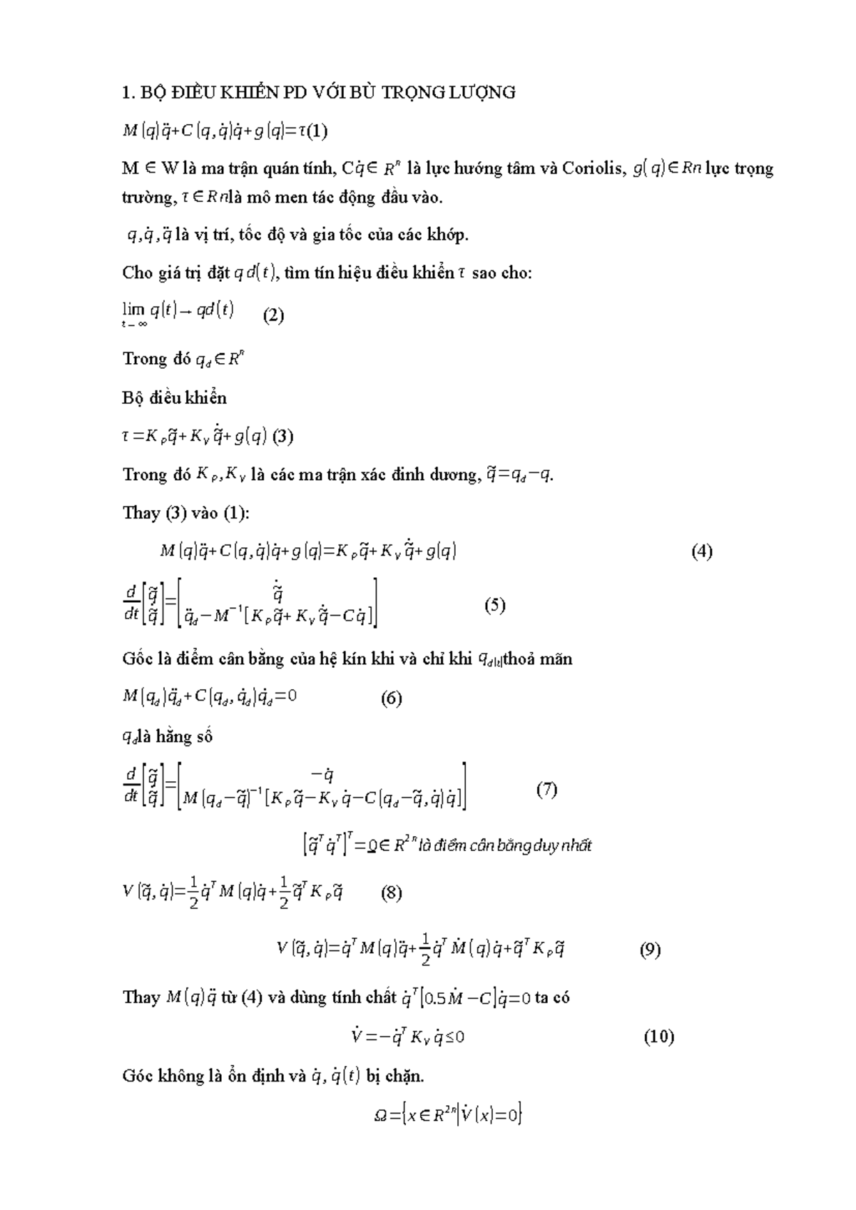 File lí thuyết Matlab PPT - BỘ ĐIỀU KHIỂN PD VỚI BÙ TRỌNG LƯỢNG M ( q ...