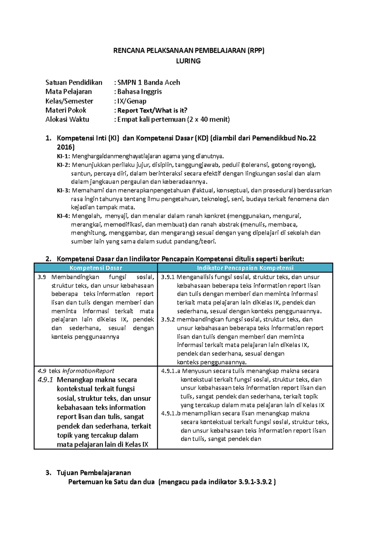 RPP KD 3 - RPP Kelas IX - RENCANA PELAKSANAAN PEMBELAJARAN (RPP) LURING ...