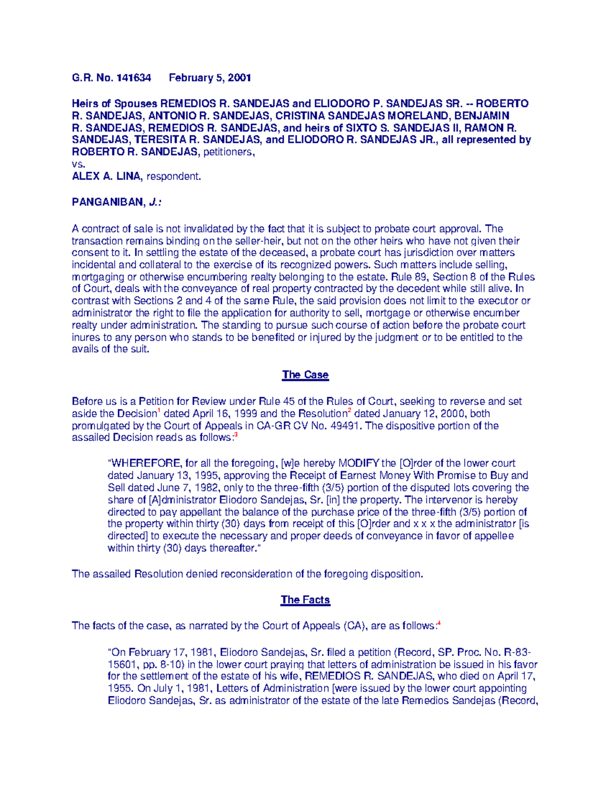 Spec Pro 8. Sandejas vs Lina - G. No. 141634 February 5, 2001 Heirs of ...