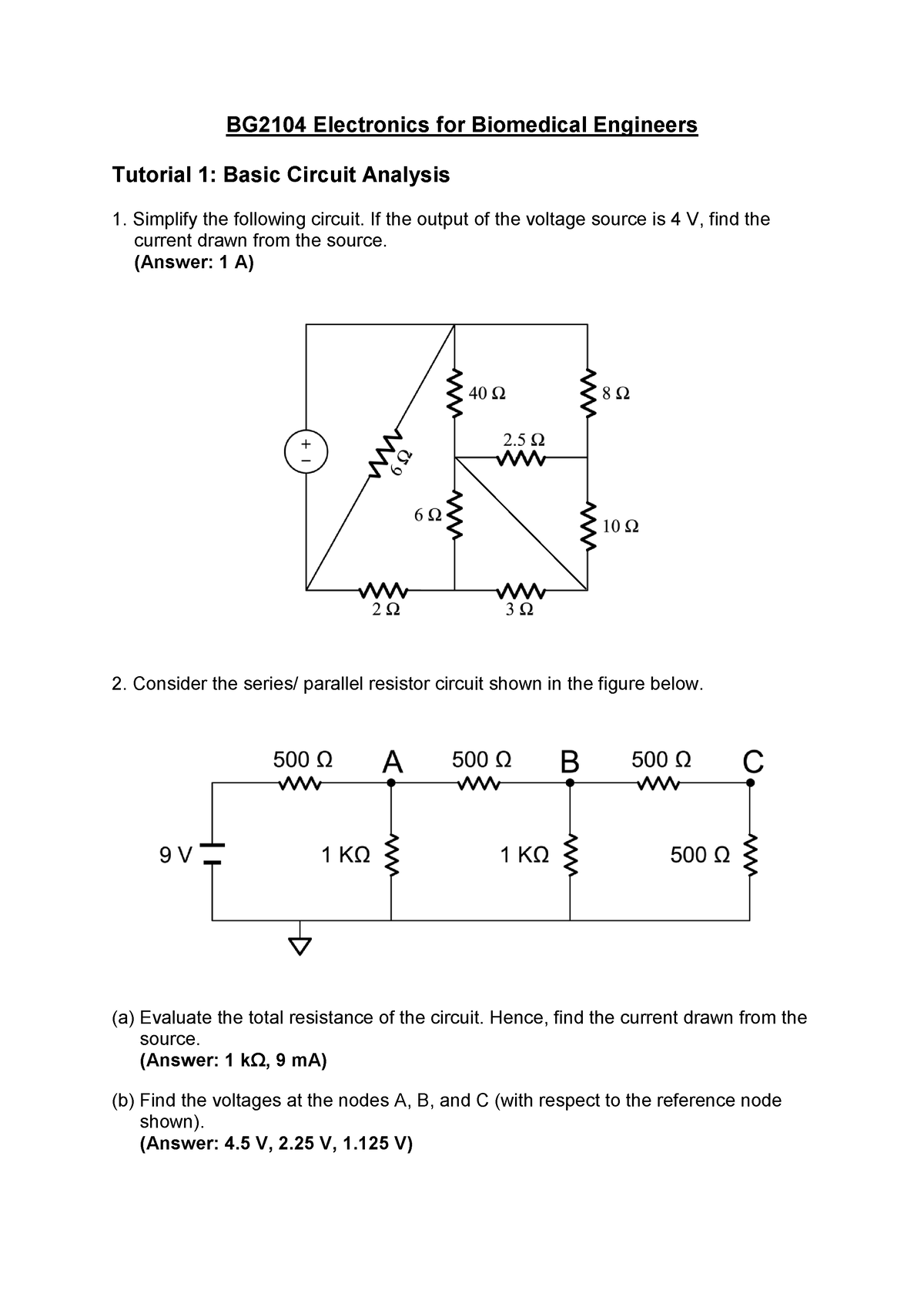 Tutorial 1-basic Circuit Analysis I - BG2104 Electronics For Biomedical ...