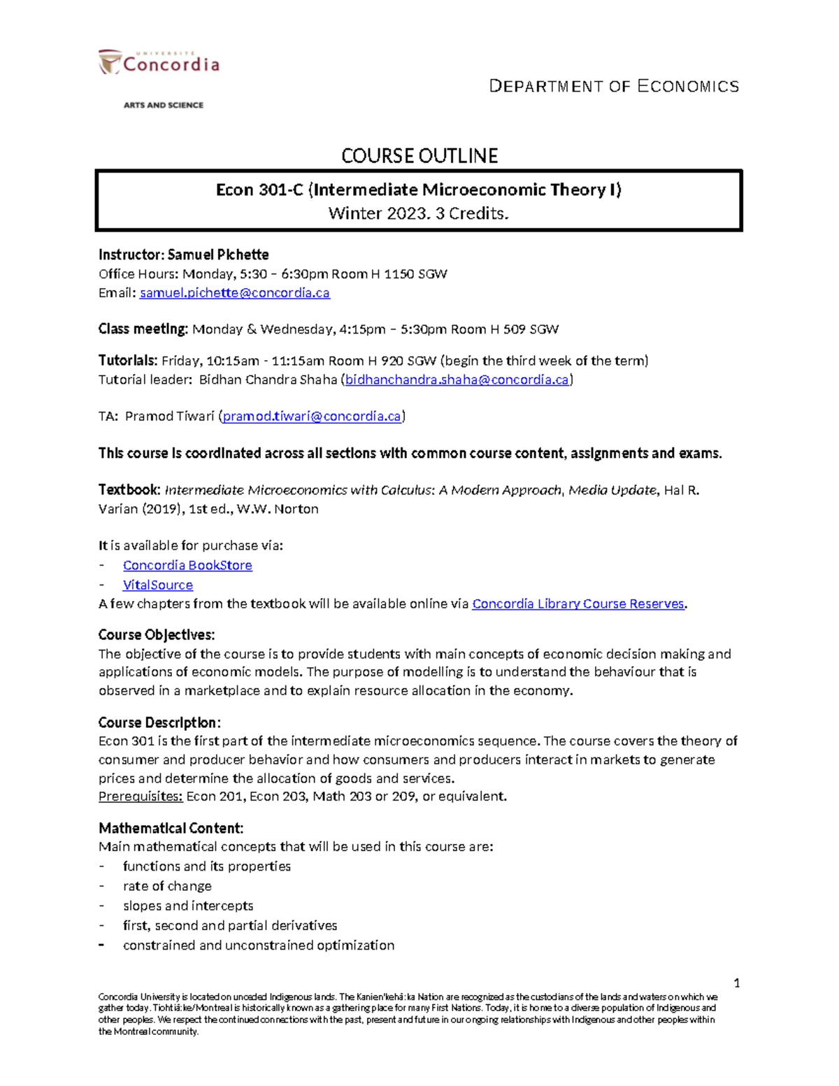 Syllabus ECON 301 - DEPARTMENT OF ECONOMICS 1 Concordia University is ...