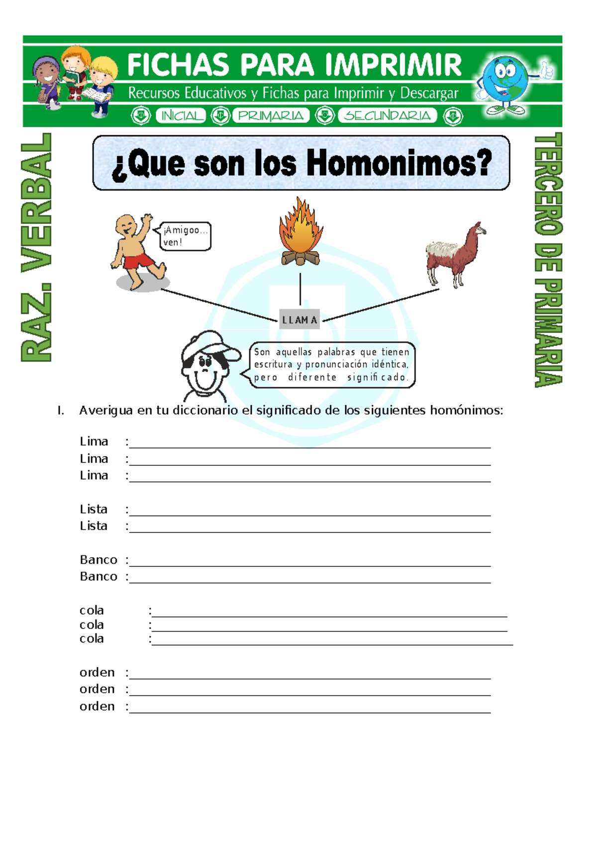 Ficha Que son los Homonimos para Tercero de Primaria - L L A M A ¡A m ...