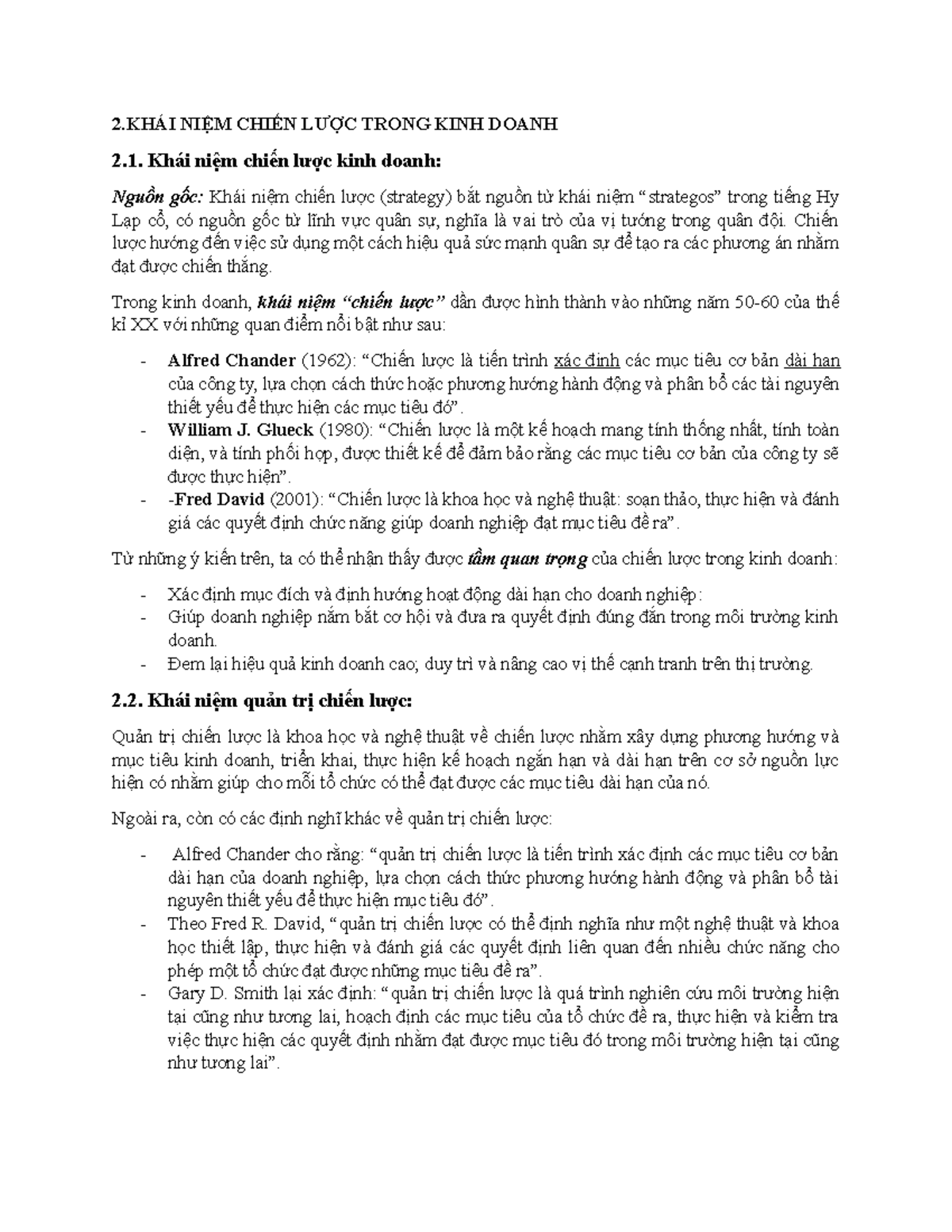 Khái niệm quản trị chiến lược - 2ÁI NIỆM CHIẾN LƯỢC TRONG KINH DOANH 2. Khái niệm chiến lược kinh - Studocu
