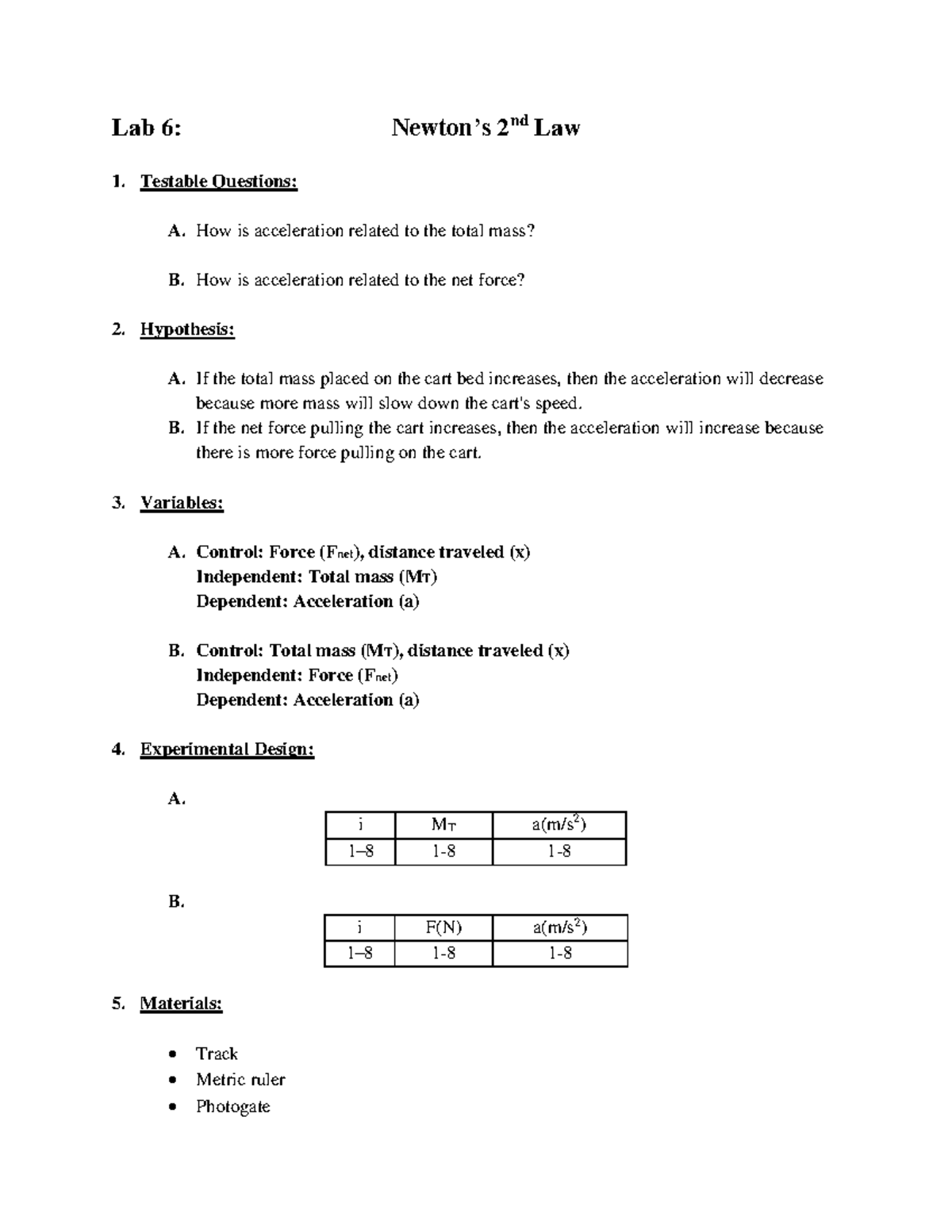 PHY111L Lab 6 Newtons 2nd Law3 - Lab 6: Newton’s 2nd Law Testable ...