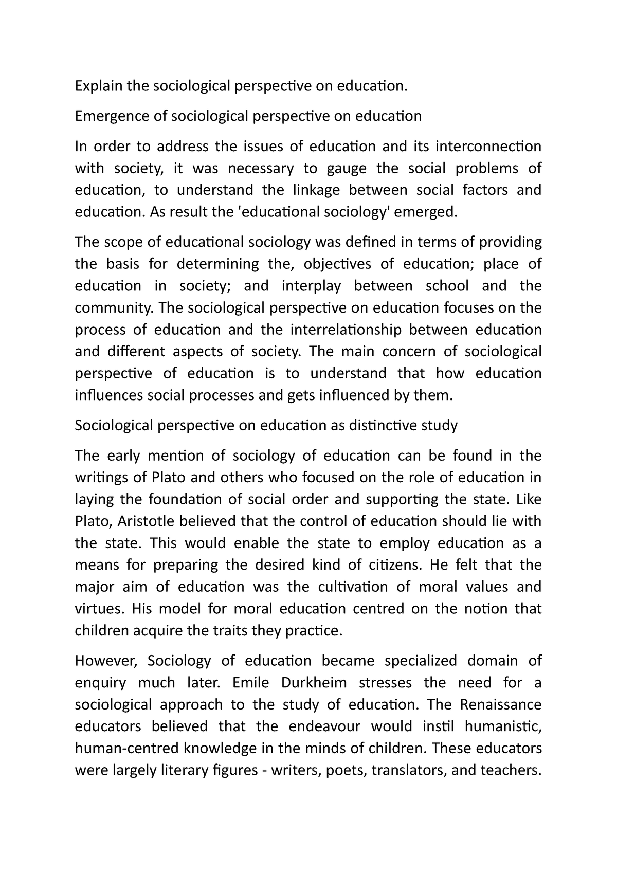 sociological perspective on education essay