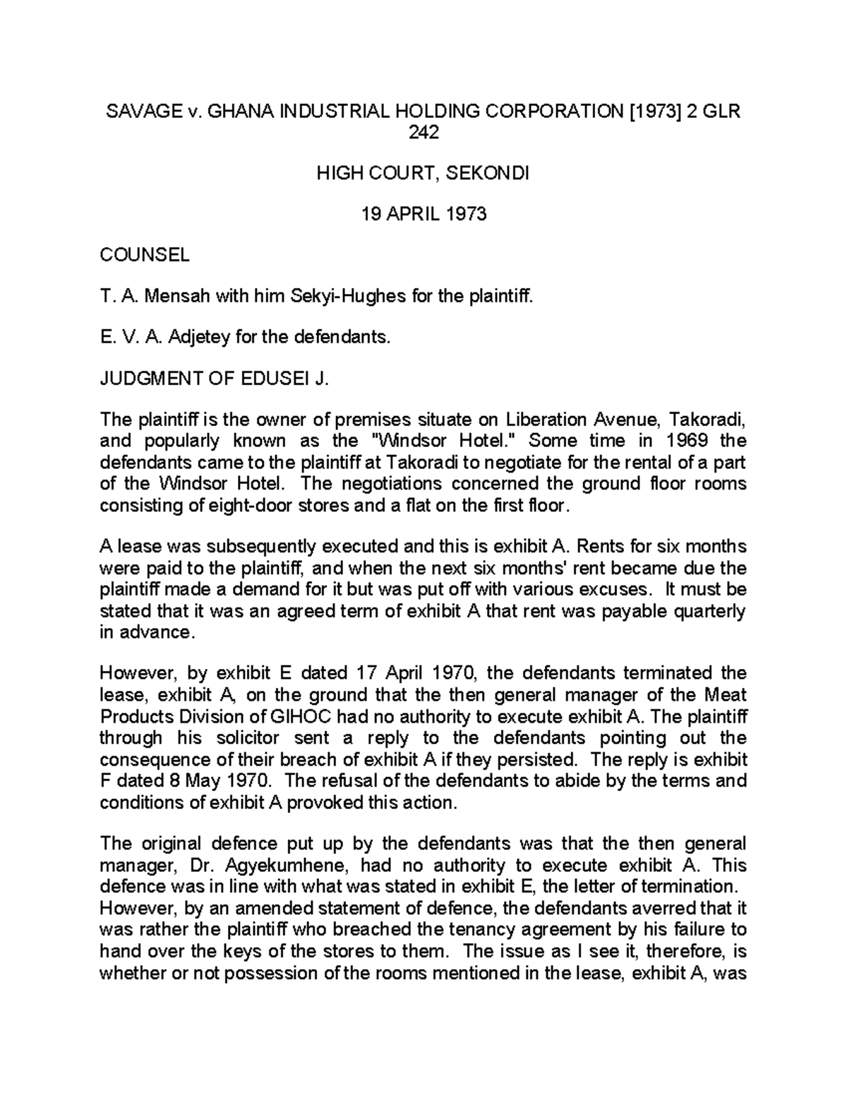 Savage v. Ghana Industrial Holding Corporation [1973] 2 GLR 242