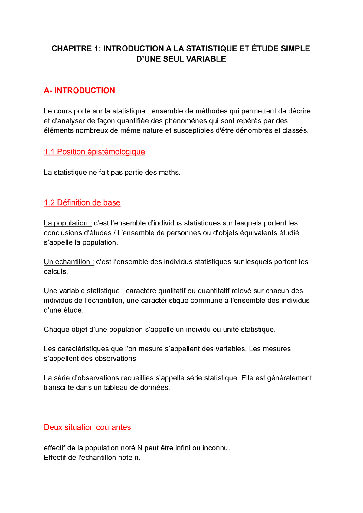 Cours Statistiques - CHAPITRE 1: INTRODUCTION A LA STATISTIQUE ET ÉTUDE ...