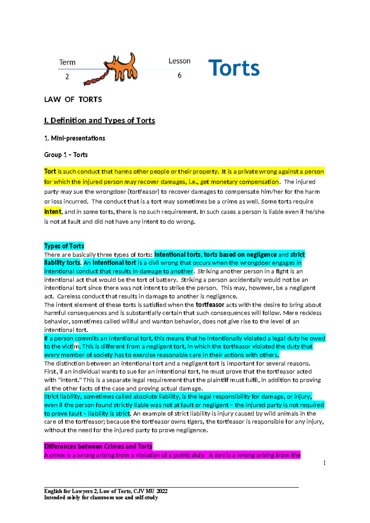 Lesson 06 Law of Torts - LAW OF TORTS I. Definition and Types of Torts ...