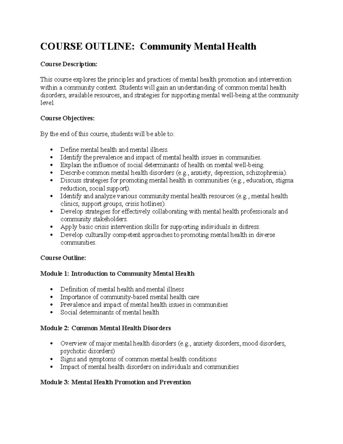 Community Mental Health - COURSE OUTLINE: Community Mental Health ...
