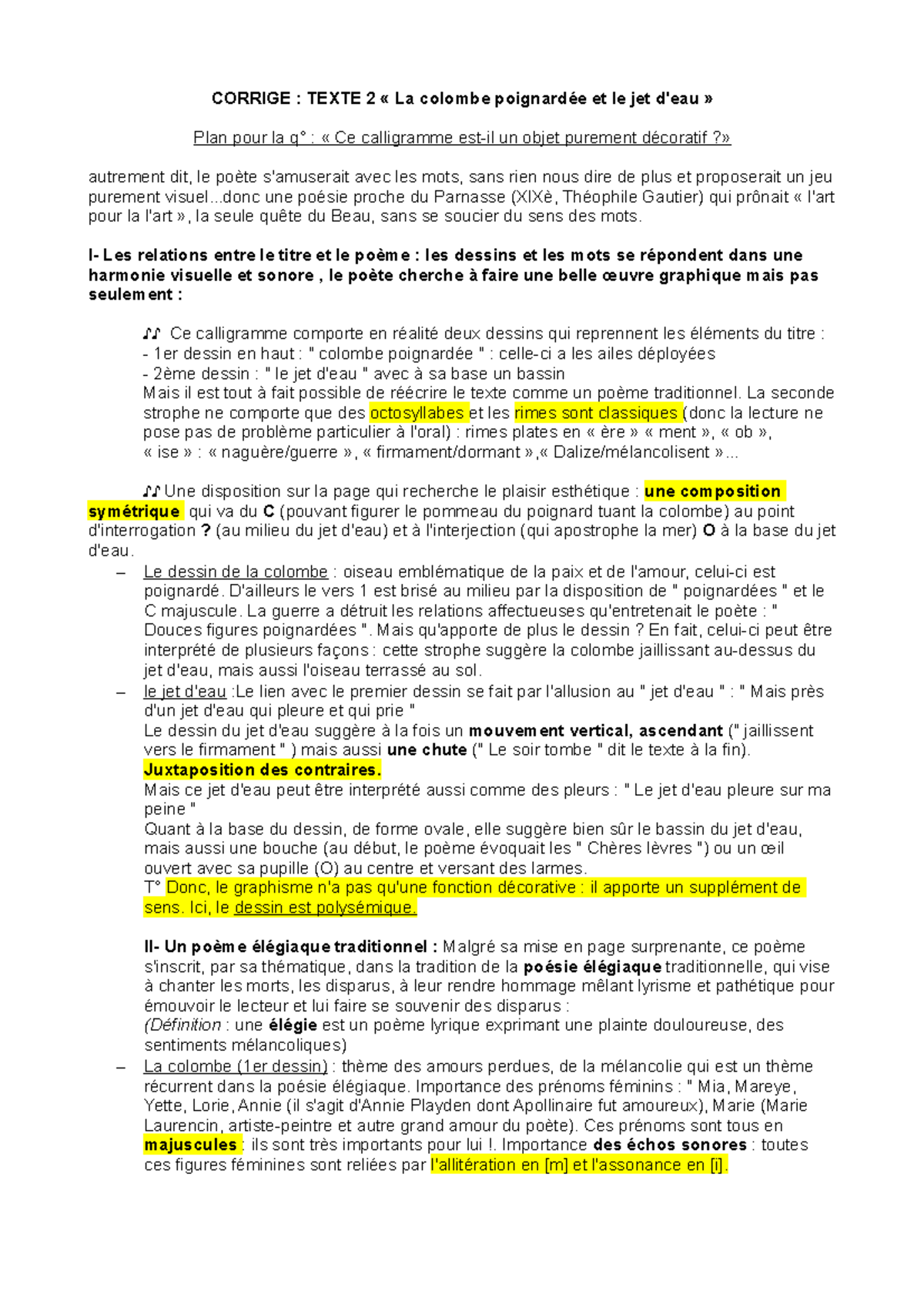 Texte apollinaire - zizi - CORRIGE : TEXTE 2 « La colombe poignardée et ...