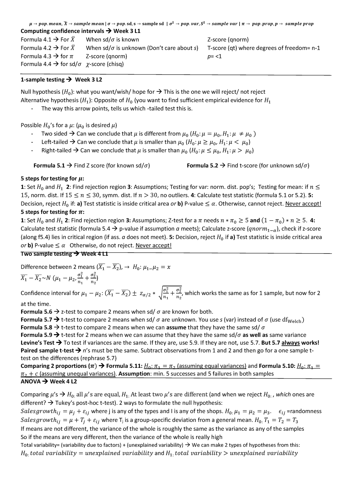 Bstat Cheatsheet - 𝝁 → 𝒑𝒐𝒑. 𝒎𝒆𝒂𝒏, 𝑿̅ → 𝒔𝒂𝒎𝒑𝒍𝒆 𝒎𝒆𝒂𝒏 | 𝝈 → 𝒑𝒐𝒑. 𝐬𝐝, 𝐬 → ...