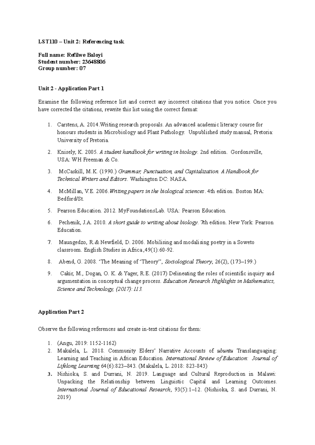 LST 110 - Unit 2 Referencing Task - LST110 – Unit 2: Referencing Task ...