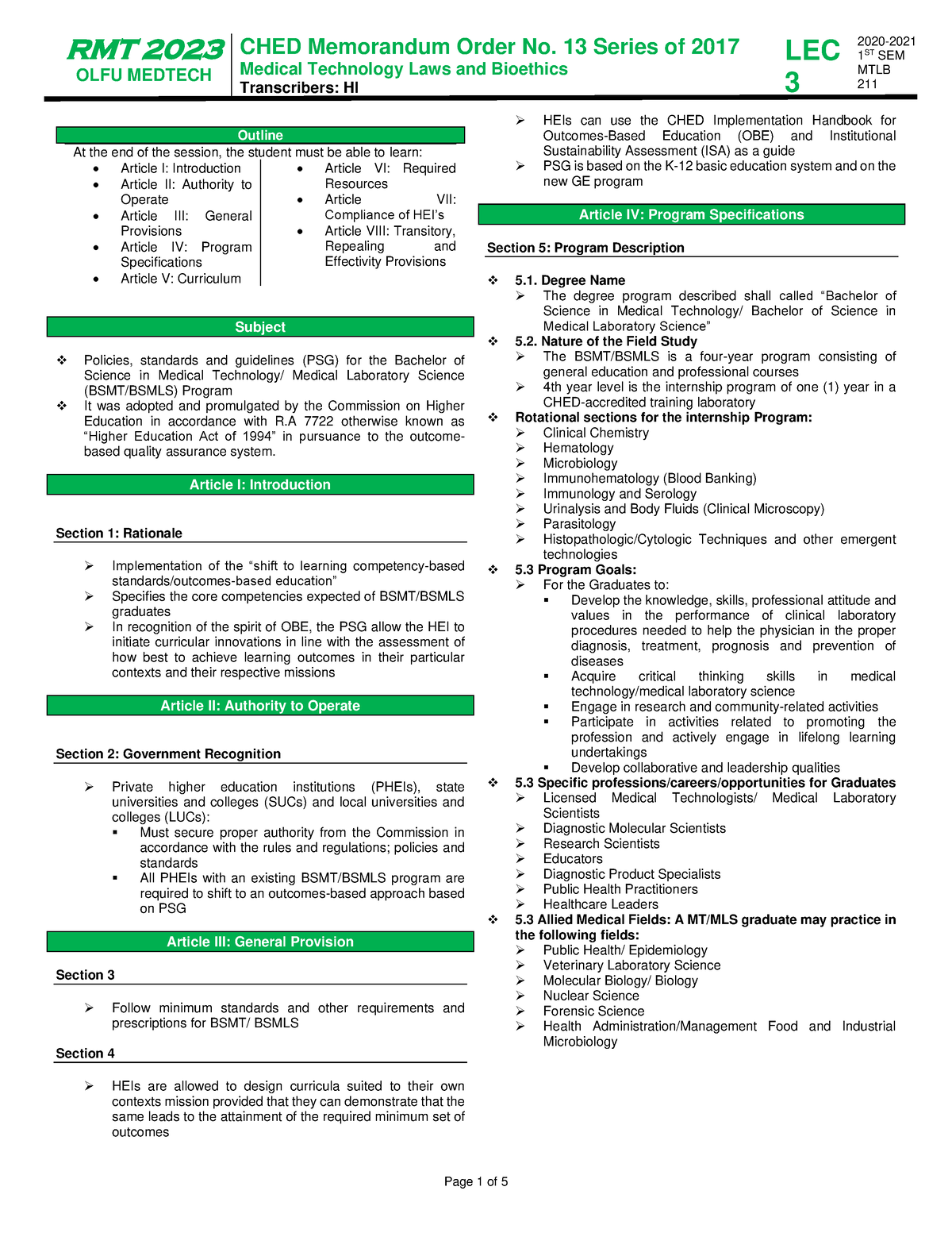 MTLB Trans 3 - Study Smart - RMT 20 23 OLFU MEDTECH CHED Memorandum ...