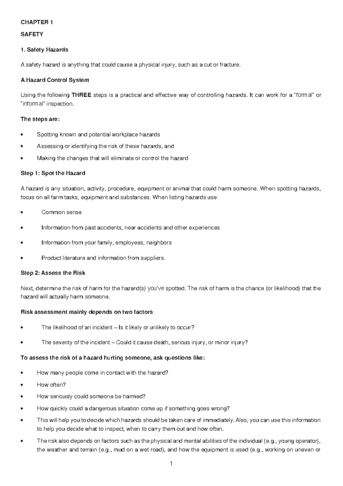 Chapter 1 Safety - Lecture notes 1 - CHAPTER 1 SAFETY 1. Safety Hazards ...