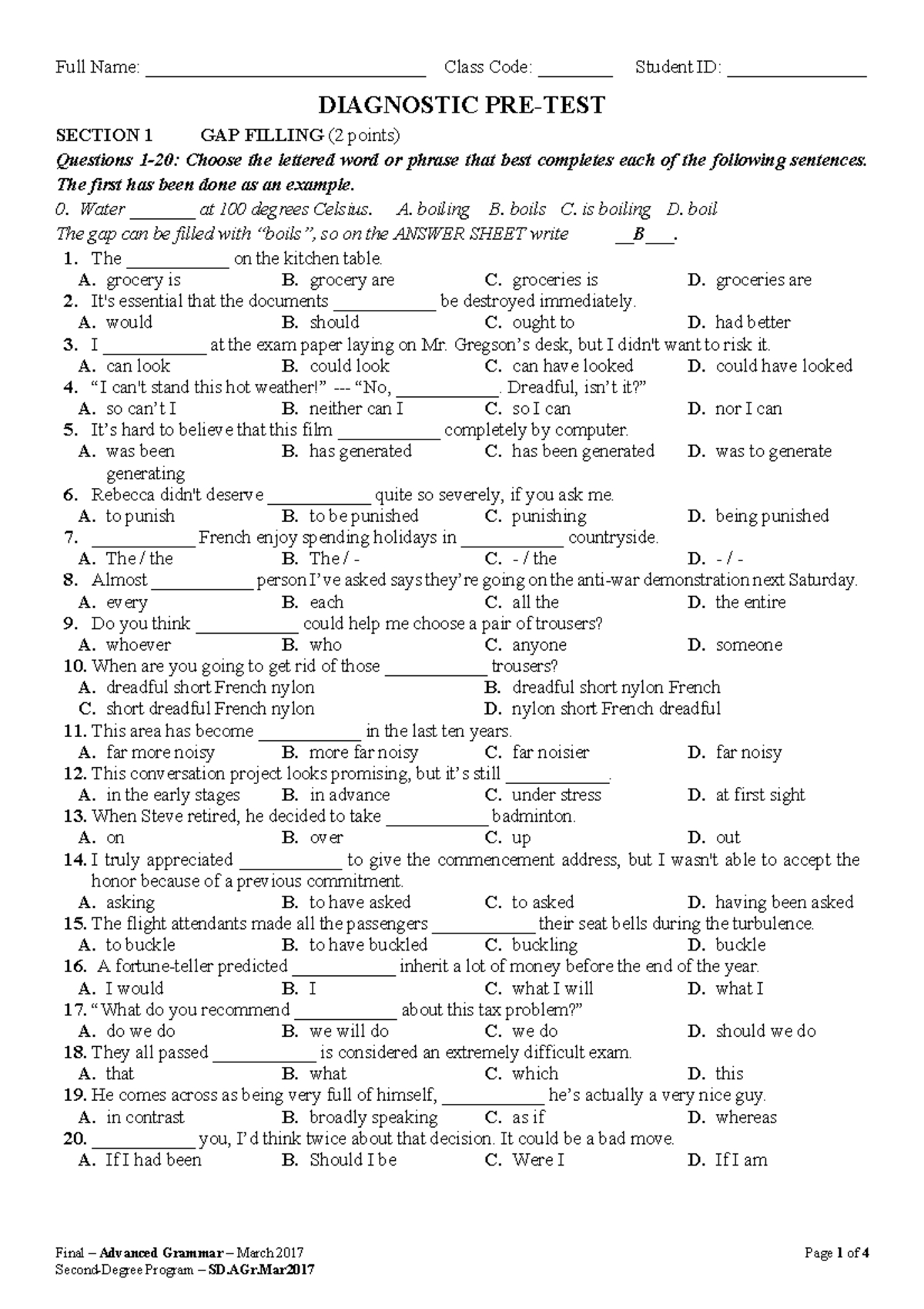Final Test Grammar 2 B2 Final Advanced Grammar March 2017 Page 1 Of 4 Full Name Studocu Final Test Grammar 2 B2 Final Advanced Grammar March 2017 Page 1 Of 4 Full Name Studocu