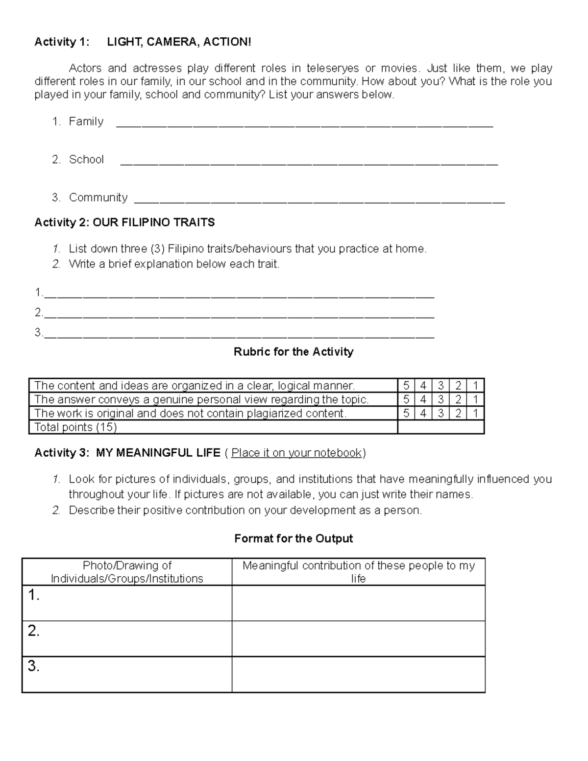 Activity Philo Activity 1 LIGHT, CAMERA, ACTION! Actors and