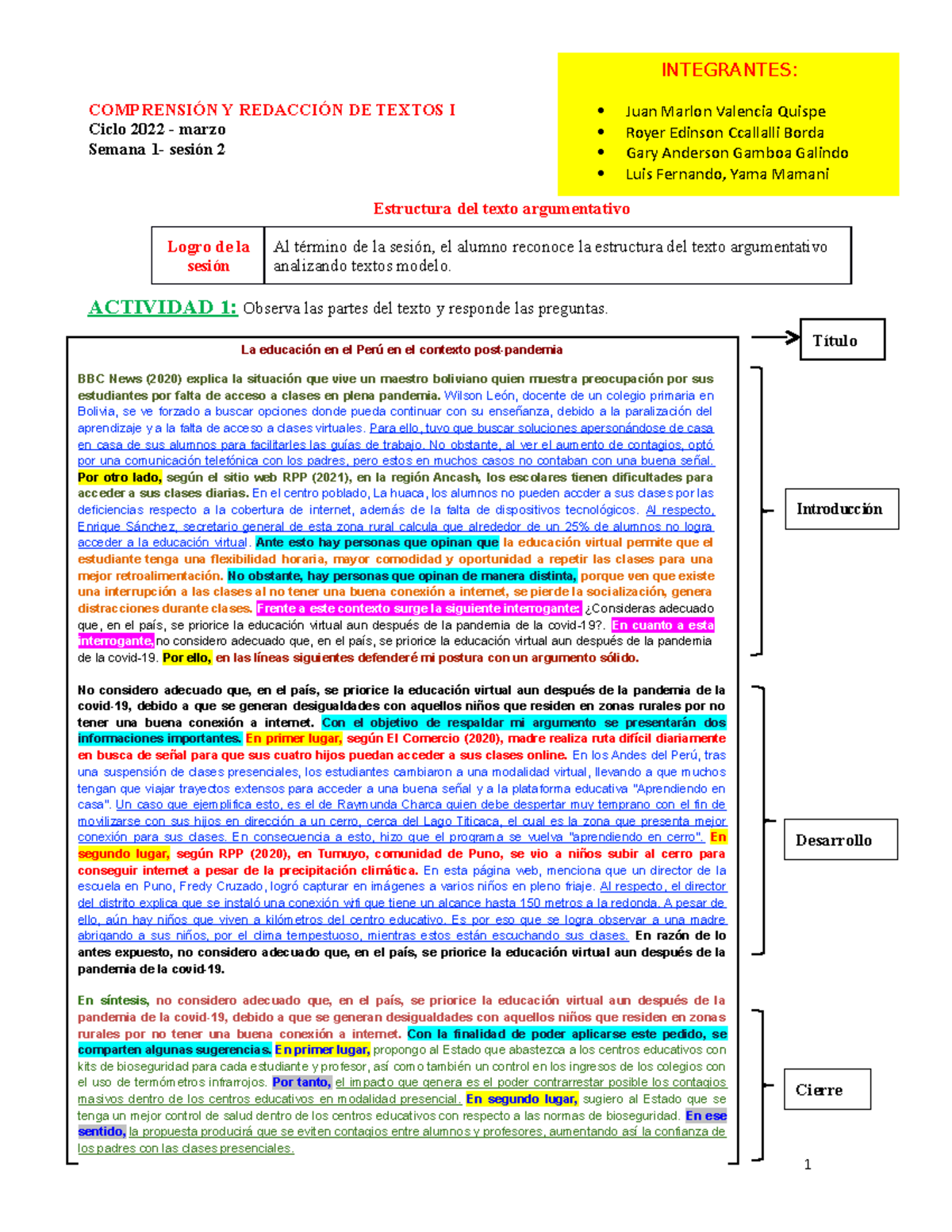 S01 S2 Tarea Estructura Del Texto Argumentativo Marzo 2022 ComprensiÓn Y RedacciÓn De Textos 9233