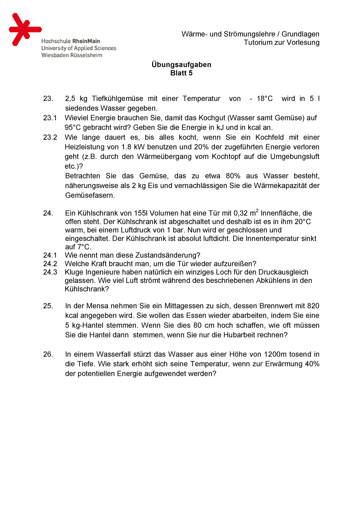 WSG-bungen Blatt 05 - Übung - Wärme- Und Strömungslehre / Grundlagen ...