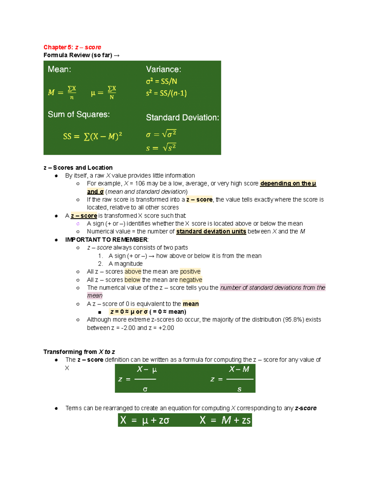 Chapter 5 z – score - Lecture Notes, Practice and Study Material ...