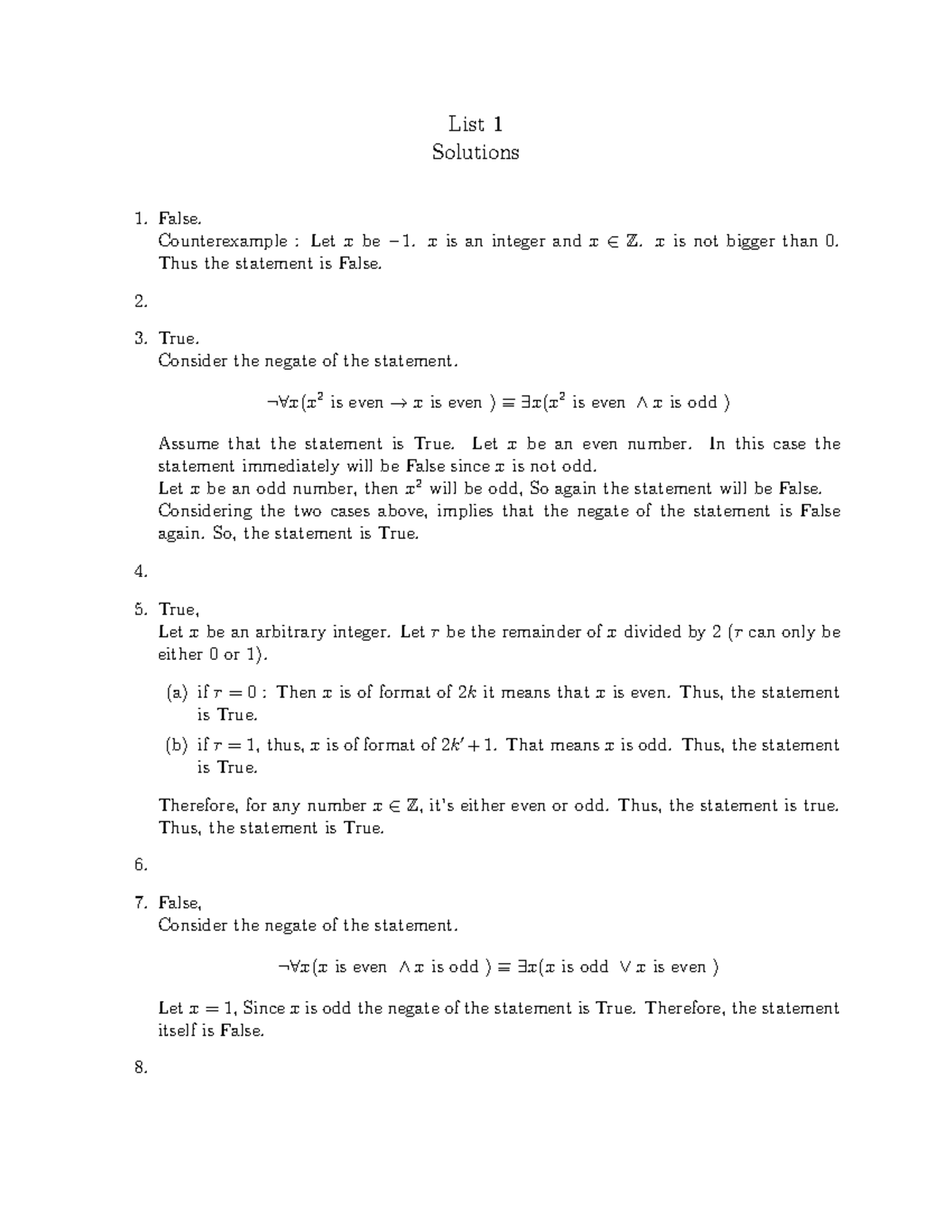 Practice Problem 1 - Solution - List 1 Solutions False. Counterexample ...
