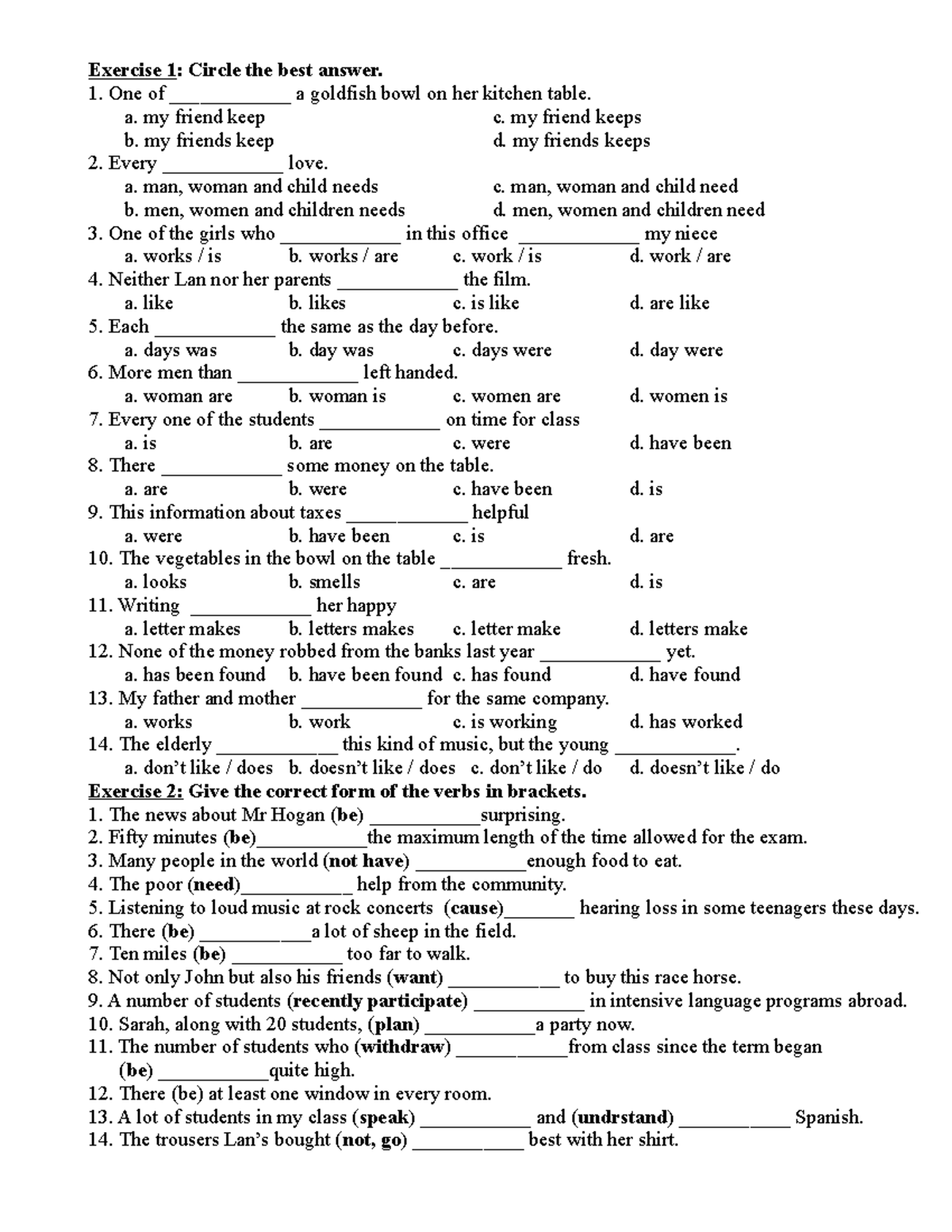 Subject AND VERB Agreement LI Thuyet BAI TAP DAP AN - Exercise 1 ...